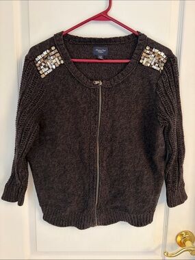 American Eagle Outfitters Dark Gray Beaded-Shoulder Zip Cardigan